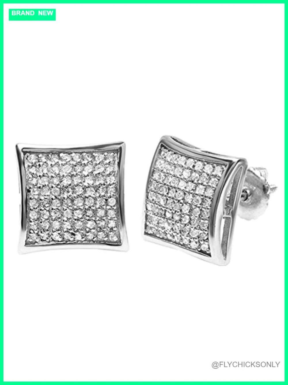 Sterling Silver 0.75 Ctw Natural Diamond 11mm Square Stud Earrings Screw Back